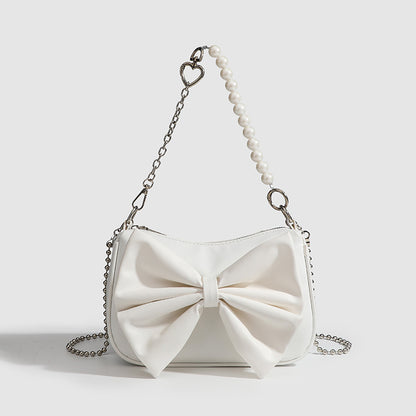 LoomTech™ Black & White Bow Handbag – Elegant PU Shoulder & Crossbody Purse with Pearl Chain