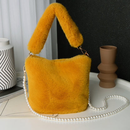 LoomTech™ Checkerboard Plush Bucket Bag – Winter Luxury Handbag with Pearl Chain Design