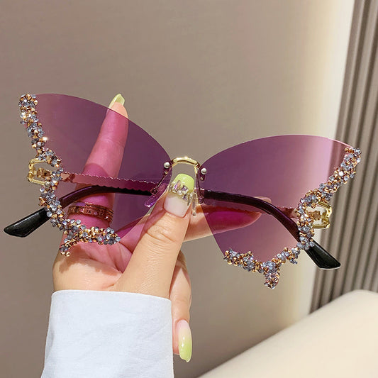 Loom & Soul Luxury Diamond Butterfly Sunglasses – Y2K Vintage Rimless Oversized Shades for Women, Gradient Crystal Lenses