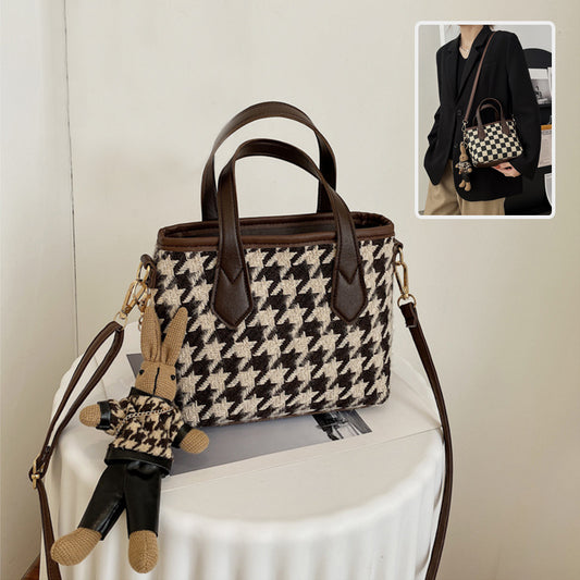 LoomTech™ Houndstooth Wool Shoulder Bag – Checkerboard Portable Tote & Messenger Handbag